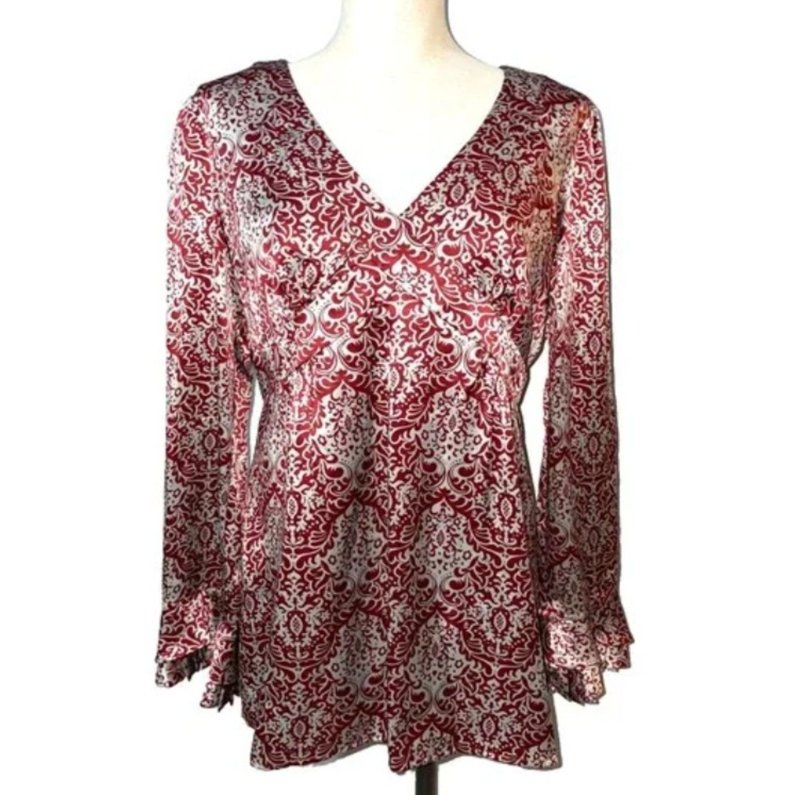 Sundance Gray & Maroon Print Sz 12 Church Office Lined Silk Blouse New Nwot